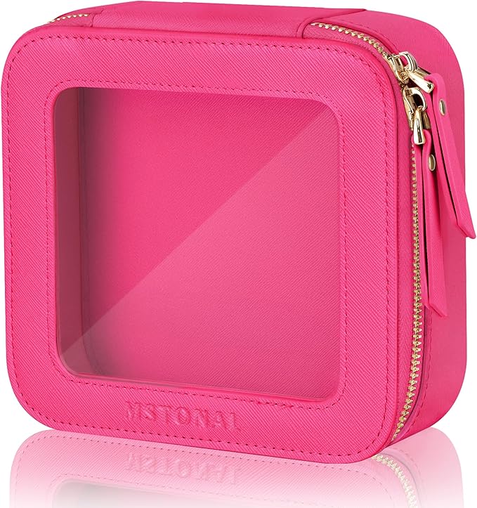 Clear Makeup Bag, Travel Toiletry Bag Cosmetic Case for Women, Waterproof Portable Small Make Up Skincare Pouch with Zipper, Compact Car Organizer Bag for Essentials, Mini Size, Hot Pink