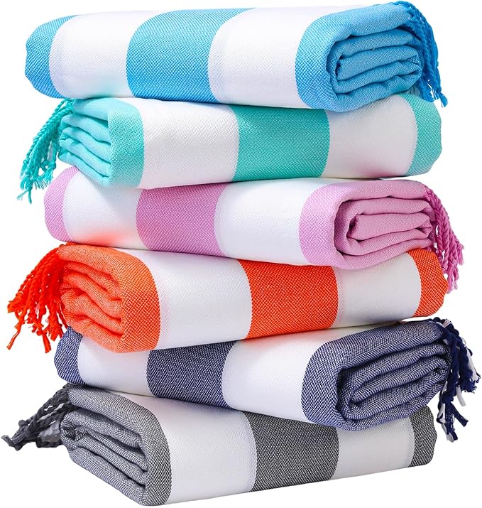 Genovega 6 Oversized Turkish Beach Bath Towel Set Bulk 74"x38" Extra Large Sand Free Quick Dry Swimming Camping Pool Clearance Towels Blanket Essentials Adult Multi Stripes Grey