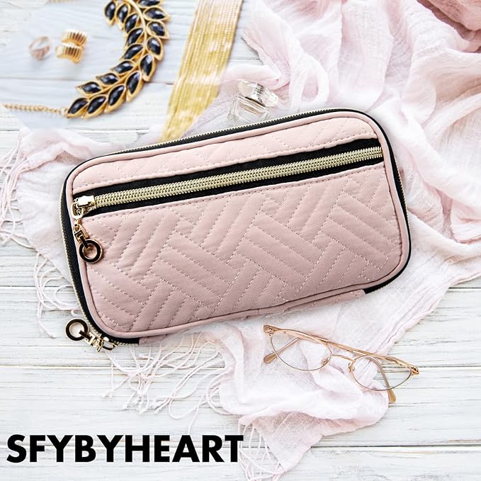 SFYBYHEART Travel Jewelry Organizer Case, Jewelry Travel Bags for Women, Small Travel Jewelry Case for Tangle-Free Earrings, Necklaces, Rings Storage, Travel Accessories, Travel Essentials, Pink