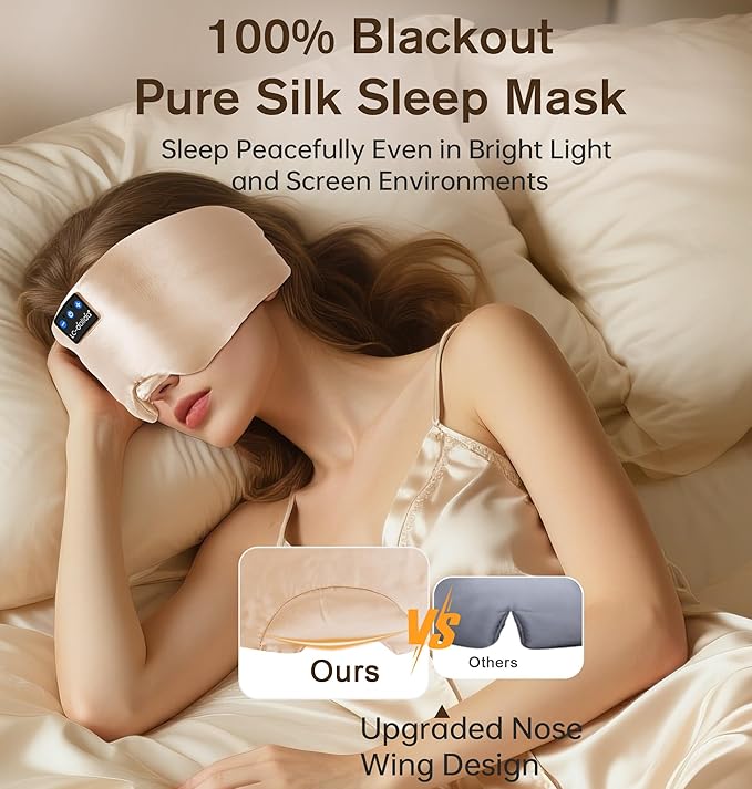 LC-dolida Luxurious Silk Soft Sleep Mask, Sleep Headphones with Bluetooth 5.4 for Side Sleeper, Total Blackout Eye Sleeping Mask for Women and Men, Ideal Gift for Restful Sleep, Travel(Champagne)