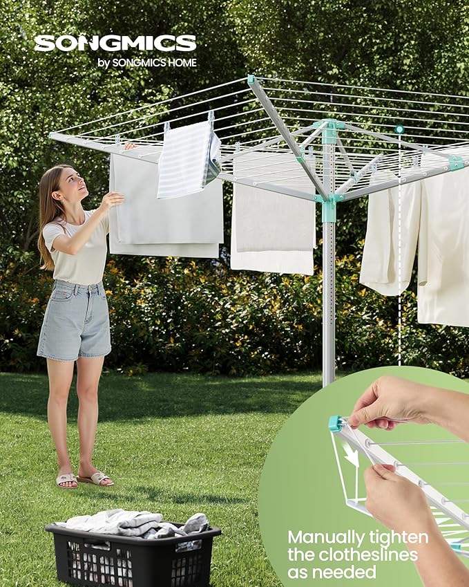 SONGMICS Umbrella Drying Rack, Retractable Outdoor Drying Rack, Height Adjustable, 164 ft Long Clothesline, Holds 5 Laundry Loads, for Garden, with Ground Spike, Cover, Silver and Green ULLR301E01