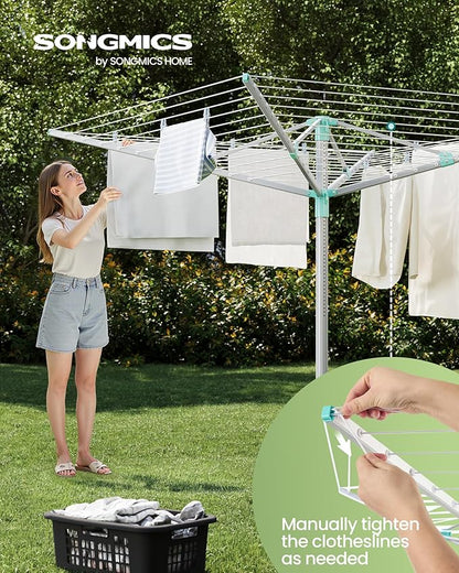 SONGMICS Umbrella Drying Rack, Retractable Outdoor Drying Rack, Height Adjustable, 164 ft Long Clothesline, Holds 5 Laundry Loads, for Garden, with Ground Spike, Cover, Silver and Green ULLR301E01