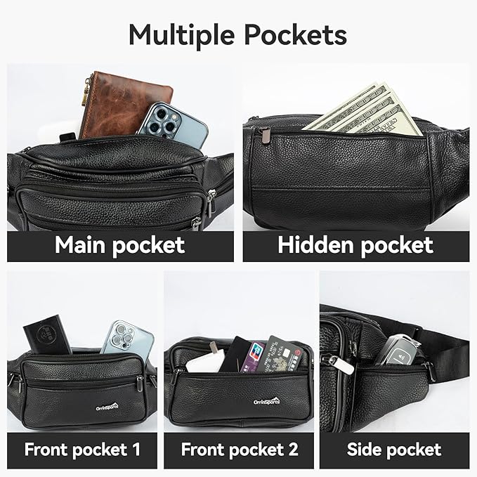 Leather Fanny Pack for Men Women,Genuine Leather Waist Belt Bag with Adjustable Strap Belt Hip Bag with Multi-Pockets for Travel Sports Running Cycling Hiking(Black)