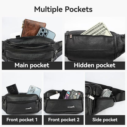 Leather Fanny Pack for Men Women,Genuine Leather Waist Belt Bag with Adjustable Strap Belt Hip Bag with Multi-Pockets for Travel Sports Running Cycling Hiking(Black)