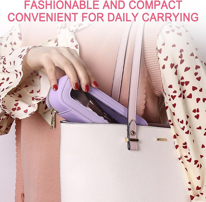 Pinkmik Travel Clear Makeup Bag with Brush Case TSA Approved Toiletry Bag Waterproof Cosmetic Organizer with Zipper Car Essential for Women (X/Purple, M+SLIM)