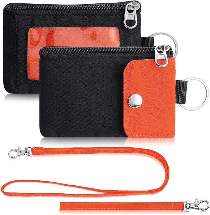 Minimalist Wallet For Mens Womens, Keychain RFID Blocking Zipper Small Wallet with ID Window 2 Lanyards,Water Resistant Travel Cash Card Coin Case Boys Girls