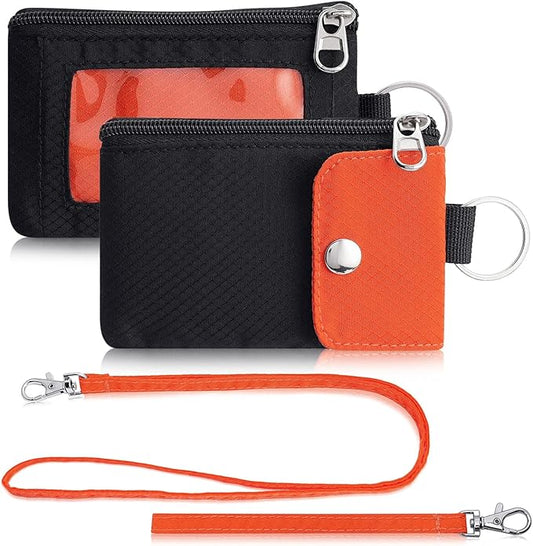 Minimalist Wallet For Mens Womens, Keychain RFID Blocking Zipper Small Wallet with ID Window 2 Lanyards,Water Resistant Travel Cash Card Coin Case Boys Girls