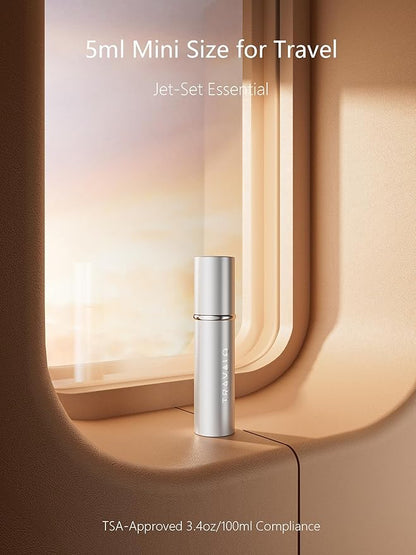 Refillable Perfume Atomizer, Bottom Filling Fragrances Perfume Bottle, Mini Cologne Dispenser, Travel sized, Portable Sprayer for Women Men, Gift (ESSENTI, SILVER)