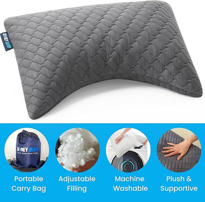 Sidney Sleep Mini Travel Size Neck Pillow - Knee, Back Lumbar and Support - Small Curved Pillow - 14 x 19 Inches - Adjustable Loft - Washable - Drawstring Backpack Included (Mini - Grey)