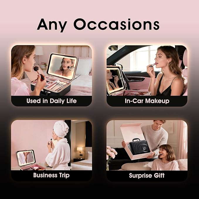 Travel Makeup Case with LED Lighted Mirror 12 Inch Portable Makeup Box Organizer Adjustable Brightness in 3 Colors Cosmetic Storage Case with Dividers Hard Aluminum Shell Vanity Box Black