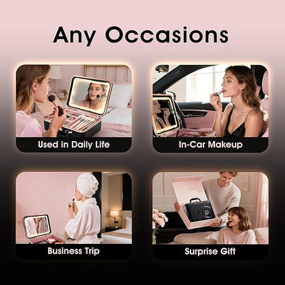 Travel Makeup Case with LED Lighted Mirror 12 Inch Portable Makeup Box Organizer Adjustable Brightness in 3 Colors Cosmetic Storage Case with Dividers Hard Aluminum Shell Vanity Box Black