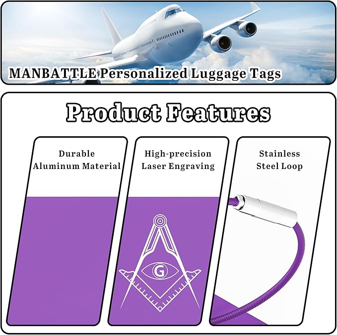 4 PCS Personalized Luggage Tags for Suitcases, Custom Aluminum Luggage Tags for Bags and Backpacks, Waterproof & Heavy Duty Personalized Metal Name Tags for Travel (Purple)