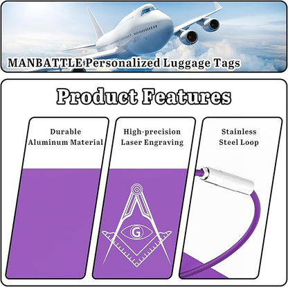 4 PCS Personalized Luggage Tags for Suitcases, Custom Aluminum Luggage Tags for Bags and Backpacks, Waterproof & Heavy Duty Personalized Metal Name Tags for Travel (Purple)
