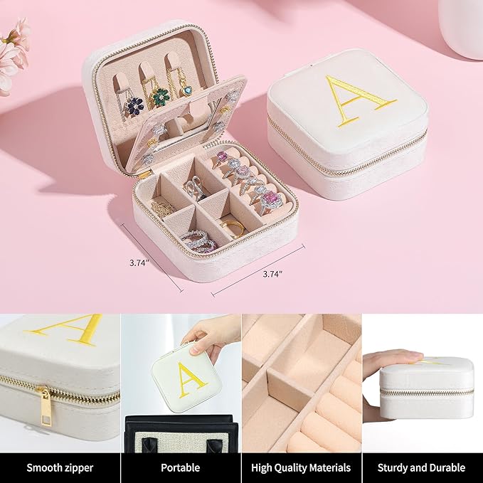 Parima Bridesmaid Proposal Gifts Wedding Day - Plush Velvet Personalized Travel Jewelry Case Organizer Bridal Shower Bride Matron Maid Of Honor Bachelorette Gifts for Bride - Letter E, White