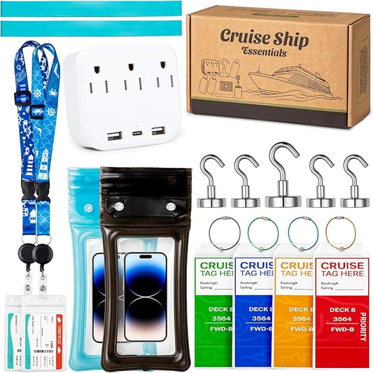 Cruise Essentials 2025 - Cruise Must Haves Kit with Non-Surge Protector Power Strip, Lanyard with ID Holder, Magnetic Hooks, Luggage Tag Set, Towel Bands, Waterproof Phone Holder - Travel Essentials