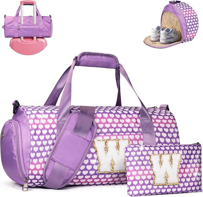 Cheer Gifts for Girl, Girls Travel Duffel Bag, Kids Initial Overnight Bags with Shoe Compartment, Personalized Gym Ballet Dance Bag with Makeup Pouch, Sweet 16 Gift for Daughter (Letter W)