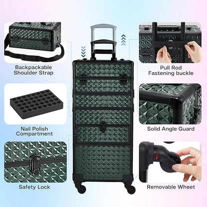 Makeup Train Case with Drawer, Rolling Makeup Case, Cosmetology Case on Wheels, Gift, Large Makeup Case Organizers, Professional for Salon Barber, Nail, Tattoo, Black Green