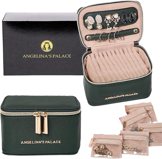 Angelina's Palace Jewelry Organizer Case Bridesmaid Gifts Travel Bag Vegan Leather Box for Necklace Earring Bracelet Ring(deep evergreen)
