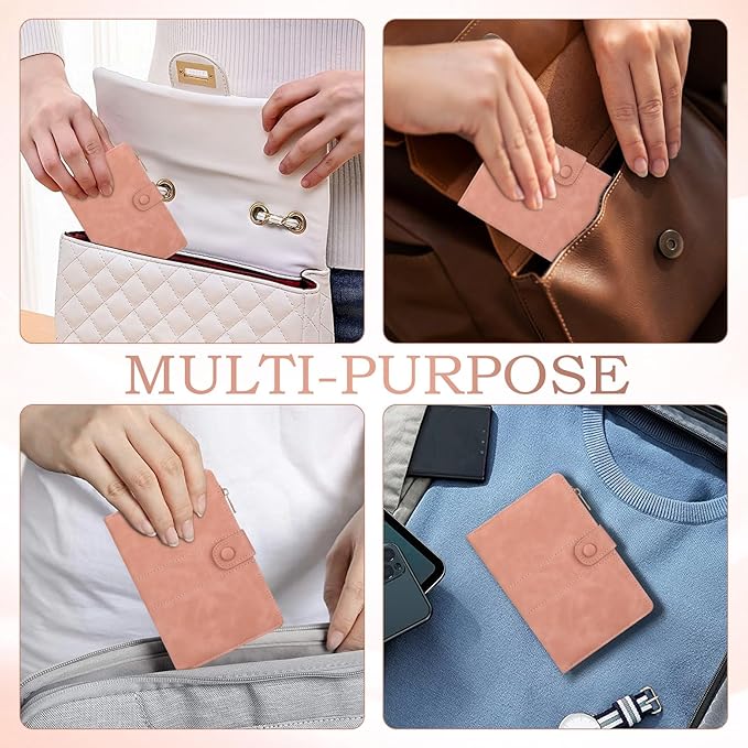 Leather Passport Holder for Travel, RFID Passport Wallet with Zipper Pocket, Passport Covers with Pen Holder, Travel Wallets Essentials Aesthetic Cute Passport Sleeve for Women Men(Pink)