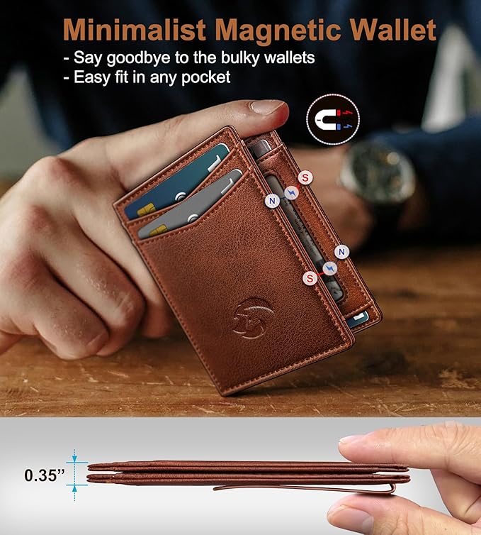 Magnetic Closure Slim Wallet with Money Clip Gift Boxed,Genuine Leather Front Pocket Wallet for Men, 3.9"x 2.10", RFID Blocking
