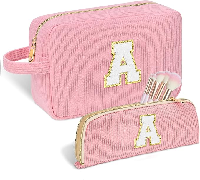 Personalized Initial Makeup Bag Trendy Stuff Corduroy Cosmetic Bag Travel Toiletry Bag for Women, Christmas/Thanksgiving/Halloween Gifts Makeup Organizer Case for Teen Girls Mom Girlfriend Wife - Pink