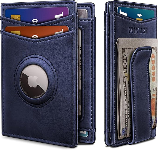 Airtag Wallet for Men- with Money Clip Gift Boxed, Magnetic Closure Slim Genuine Leather Front Pocket Wallet, 4.1"x 2.8", RFID Blocking
