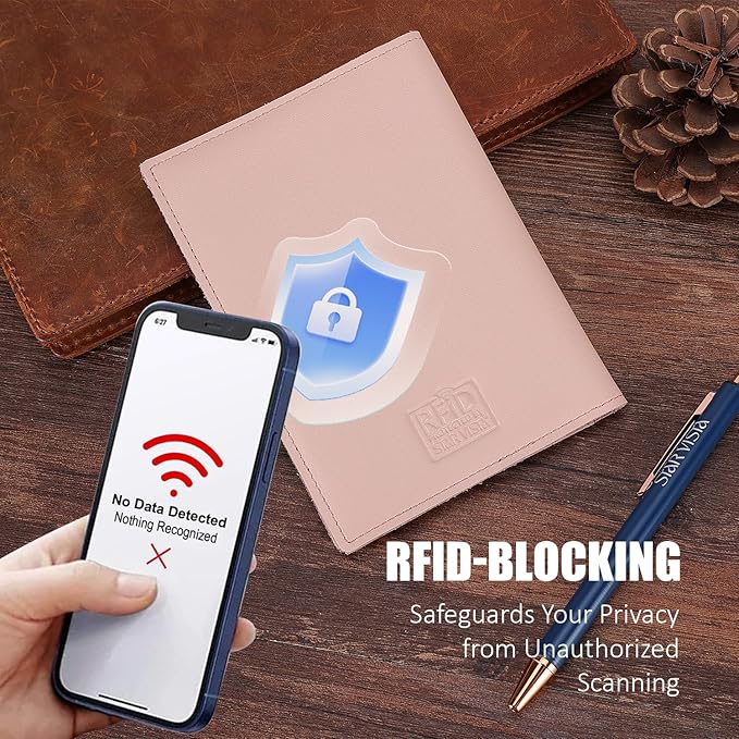 STAR VISTA Albatross Leather Travel Passport Holder, Minimalist Design, Calfskin Leather Case for Women and Men - Slim Passport Wallet, Bifold, RFID Blocking, with AirTag Holder, Pale Pink