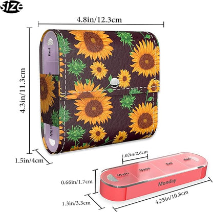 Pill Organizer,LIZIMANDU Weekly Travel Pill Case Box Medication Reminder Daily AM PM, Day Night 7 Compartments,for 4 Times A Day, 7 Days a Week-Includes Leather PU Carrying Case (Sunflower)