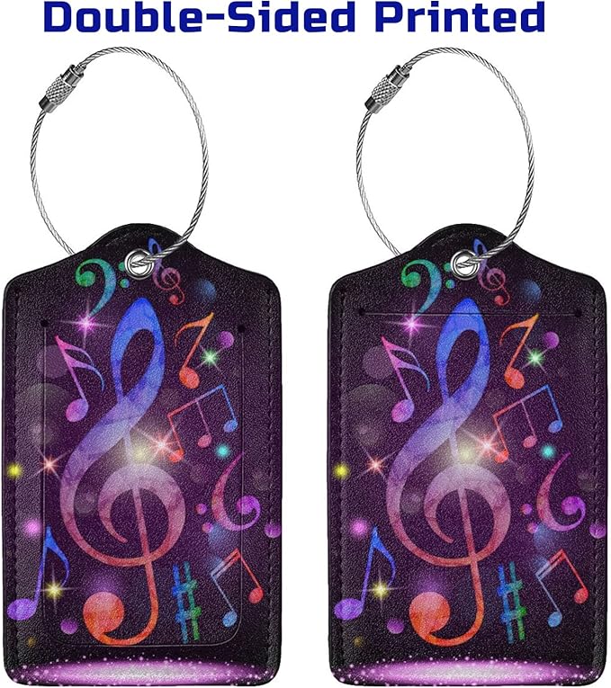Set of 2 Music Note Luggage Tags with Full Back Privacy Suitcase Labels Identifiers, Colorful Purple PU Leather Baggage Tags for Music Lovers Women Men Girls Boys Travel