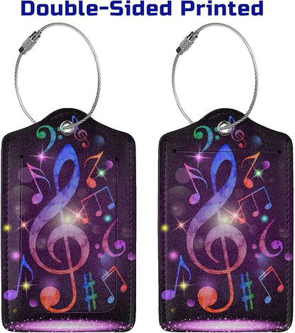 Set of 2 Music Note Luggage Tags with Full Back Privacy Suitcase Labels Identifiers, Colorful Purple PU Leather Baggage Tags for Music Lovers Women Men Girls Boys Travel