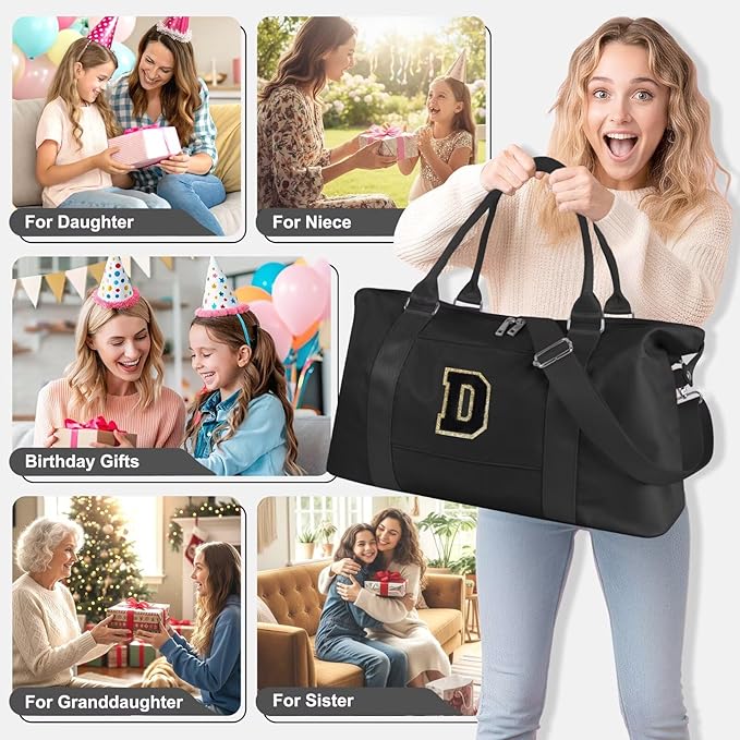 Dance Gym Duffel Bag for Teen Girls, Personalized Initial Travel Weekender Bag,Cute Overnight Carry On Duffle for Women,Sports Travel Cheer Bag,Monogram Christmas Gifts for Tween Preppy(black-D)
