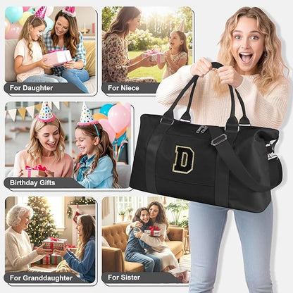 Dance Gym Duffel Bag for Teen Girls, Personalized Initial Travel Weekender Bag,Cute Overnight Carry On Duffle for Women,Sports Travel Cheer Bag,Monogram Christmas Gifts for Tween Preppy(black-D)