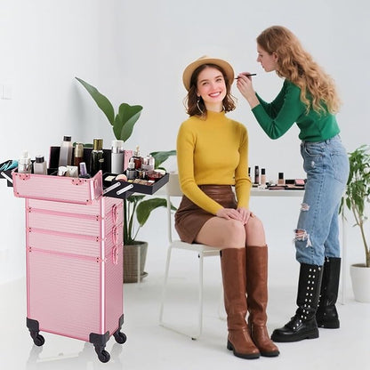 Rolling Makeup Case, Makeup Train Case with Lid, 5 in 1 Cosmetology Case on Wheels, Christmas Gift, Large Makeup Case Organizers, Profesional Cosmetic Case for Salon Barber, Pink