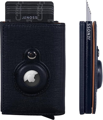 Jenoss Smart AirTag Wallet for Men: Full Grain Leather, Handcrafted, Black Pop Up Case, Slim, RFID Blocking Credit Card Holder Compact, 12 Slot Organizers ID Cash Apple Air Tag Tracker (Black & Brown)