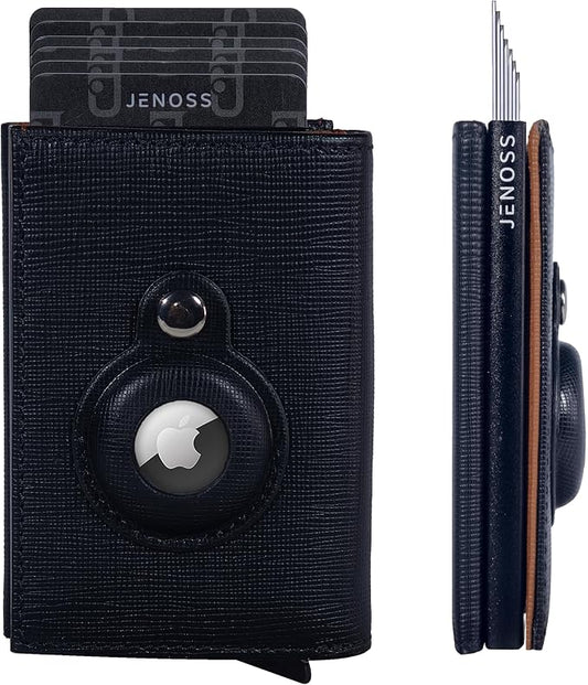 Jenoss Smart AirTag Wallet for Men: Full Grain Leather, Handcrafted, Black Pop Up Case, Slim, RFID Blocking Credit Card Holder Compact, 12 Slot Organizers ID Cash Apple Air Tag Tracker (Black & Brown)