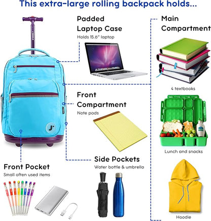 J World Sundance Laptop Rolling Backpack for Girls Boys. Roller Bookbag with Wheels, Sky Blue