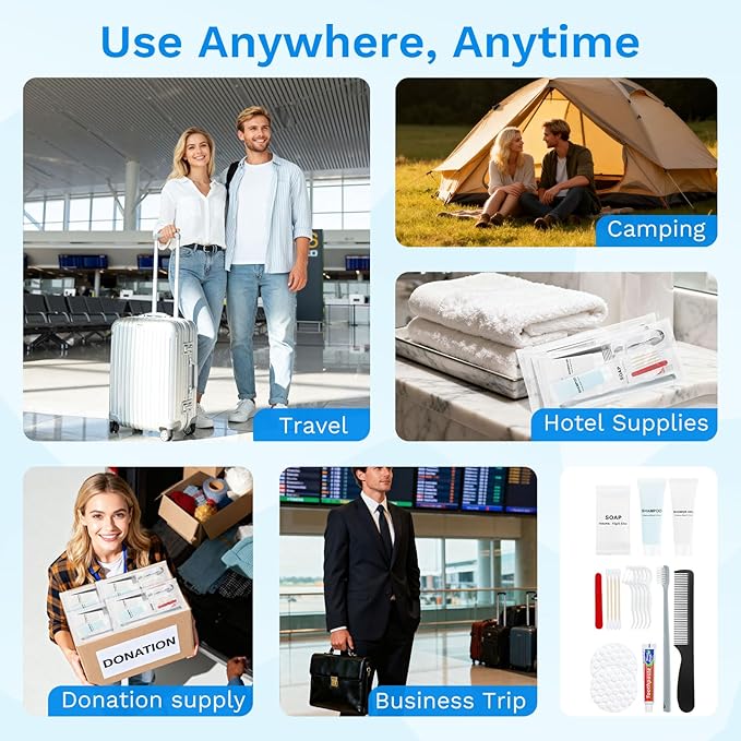 Hygiene Kits and Bulk Convenience Kits Feature Double-Sealed Individual Packaging. Personal Hygiene Kits are Suitable for Hotels, Camping, Home Use, and Travel (100-PACK)