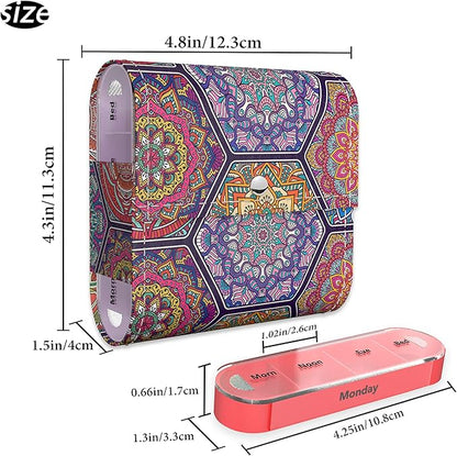 Pill Organizer,LIZIMANDU Weekly Travel Pill Case Box Medication Reminder Daily AM PM, Day Night 7 Compartments,for 4 Times A Day, 7 Days a Week-Includes Leather PU Carrying Case (Hexagon Bohemia)