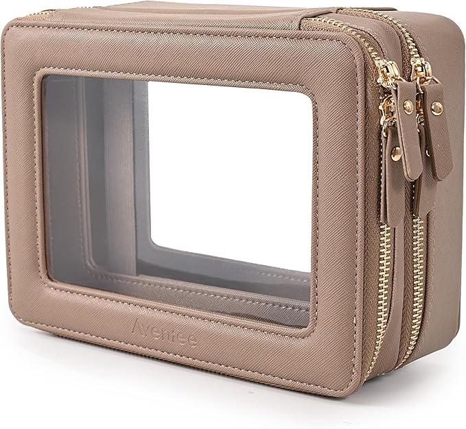Aveniee Large Clear Makeup Bags, Double Layer Cosmetic Bags with Separate Brush Compartment,Travel Toiletry Bag Train Case,Travel Accessories Organizer for Women,2 Layers,Brown