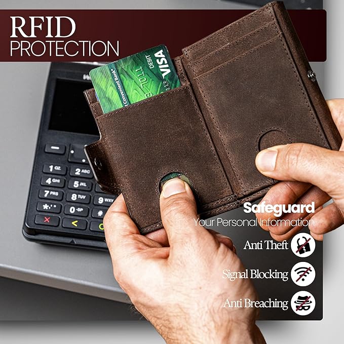 BULL GUARD Trifold RFID Blocking Front Pocket Wallet for Men, Secure Card Slots & Coin Pocket, Durable Full Grain Leather Craftmanship in Crazy Horse