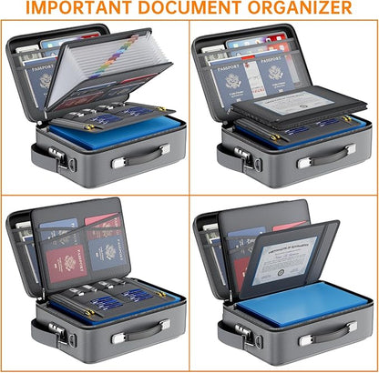 DocSafe Fireproof Document Box with Lock＆Shoulder Strap,Hard Case File Organizer with Accordion File Folder,Multi-Layer Portable Home Office Travel Safe Storage for Important Documents Laptop Gray