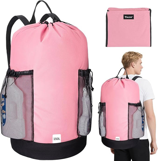 BALEINE 150L Laundry Bag Backpack, 900D Oxford Fabric Large Travel Laundry Bags with Shoulder Straps and 2 Mesh Pockets for College Dorm, Apartment, Laundromat (Pink, 150L)