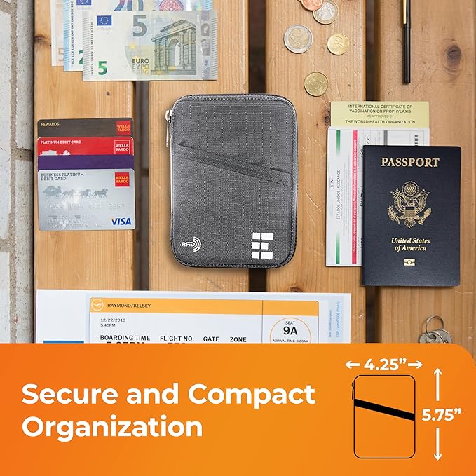 Passport Holder & Travel Wallet with RFID Blocking - Premium Document Organizer Case for Men and Women - Holds Passports, Cards, Tickets, ID, Cash - Compact Zippered Wallet - Shadow