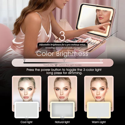 Travel Makeup Case with LED Lighted Mirror 12 Inch Portable Makeup Box Organizer Adjustable Brightness in 3 Colors Cosmetic Storage Case with Dividers Hard Aluminum Shell Vanity Box Pink