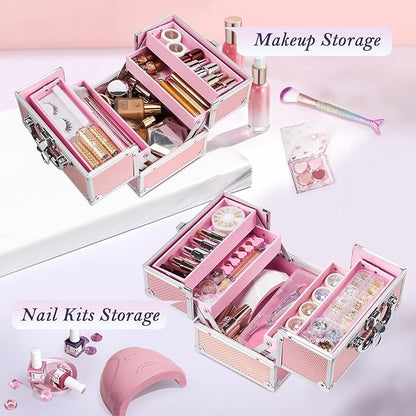 FRENESSA Makeup Train Case 8.85 Inch Portable Makeup Case Organizer Cosmetic Box Make Up Box Makeup Organizer Cosmetic Storage Cases with Locking Nail Kit Organizer Small Travel Case Mermaid Pink