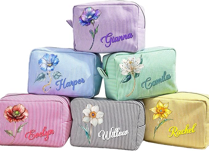 callie Personalized Makeup Bag - Custom Name & Birth Flower, Cosmetic Organizer Make Up Bag with Zipper, Birthday Christmas Travel Gifts for Women