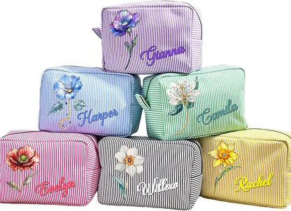 callie Personalized Makeup Bag - Custom Name & Birth Flower, Cosmetic Organizer Make Up Bag with Zipper, Birthday Christmas Travel Gifts for Women