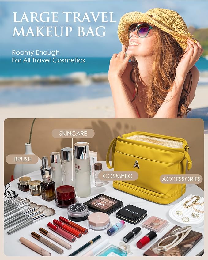 Gifts for Teen Girls 14-16, Initial Makeup Bag, Travel Gifts, Personalized Bags, Waterproof Double Layer Cosmetic Bag, Large Capacity PU Leather Makeup Bags Letter Travel Toiletry Bag