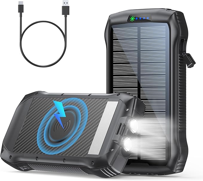 Solar Charger Power Bank, 40000mAh Wireless Portable Charger QC3.0 PD 20W Fast Charging with USB-C in/Output, External Battery Pack with Dual Flashlights Hiking Camping Essential