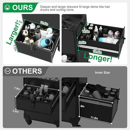 Makeup Train Case with LED Mirror, Rolling Makeup Case with Drawers, Cosmetology Case on Wheels, Gift, Travel Makeup Organizers, Profesional Cosmetic Case for Salon Barber,Nail,Tattoo, Black